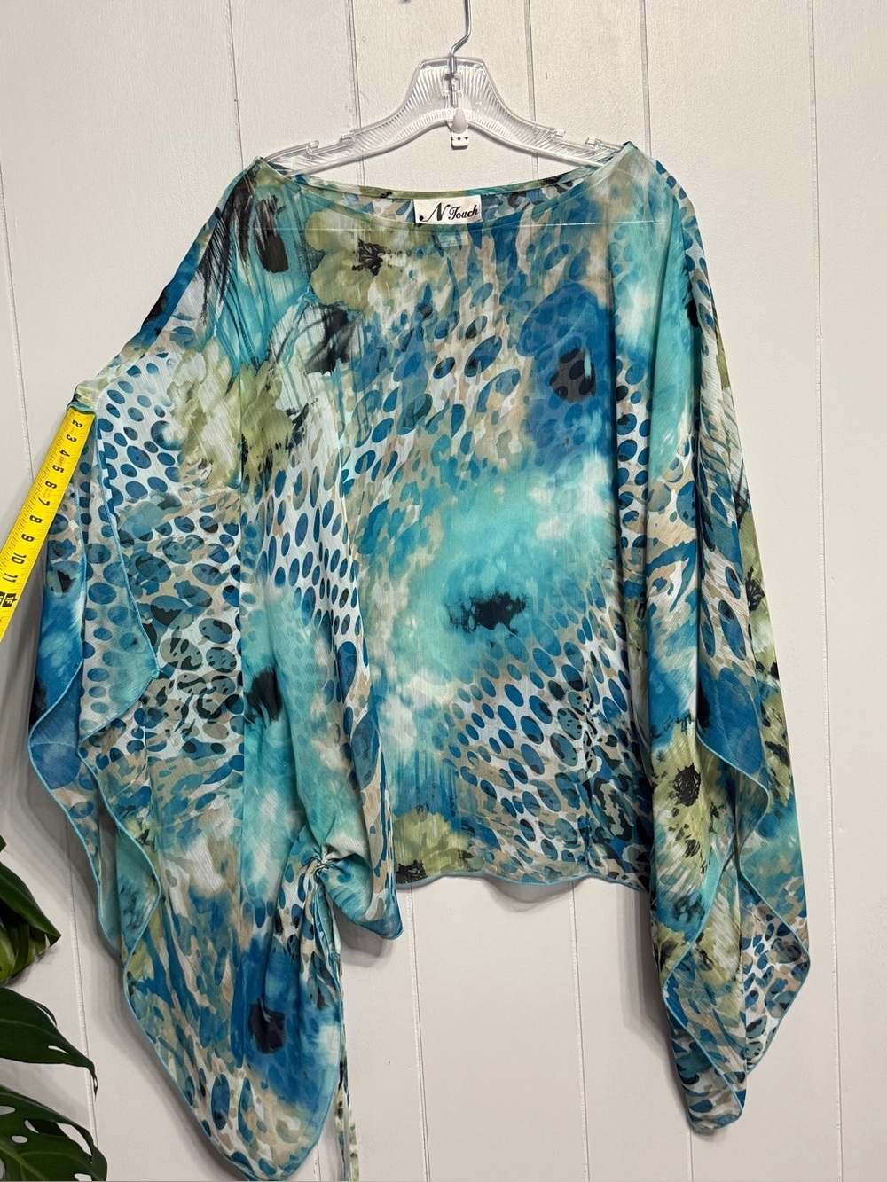 #19)  Sheer Aqua & Teal Printed Blouse with Ties Side